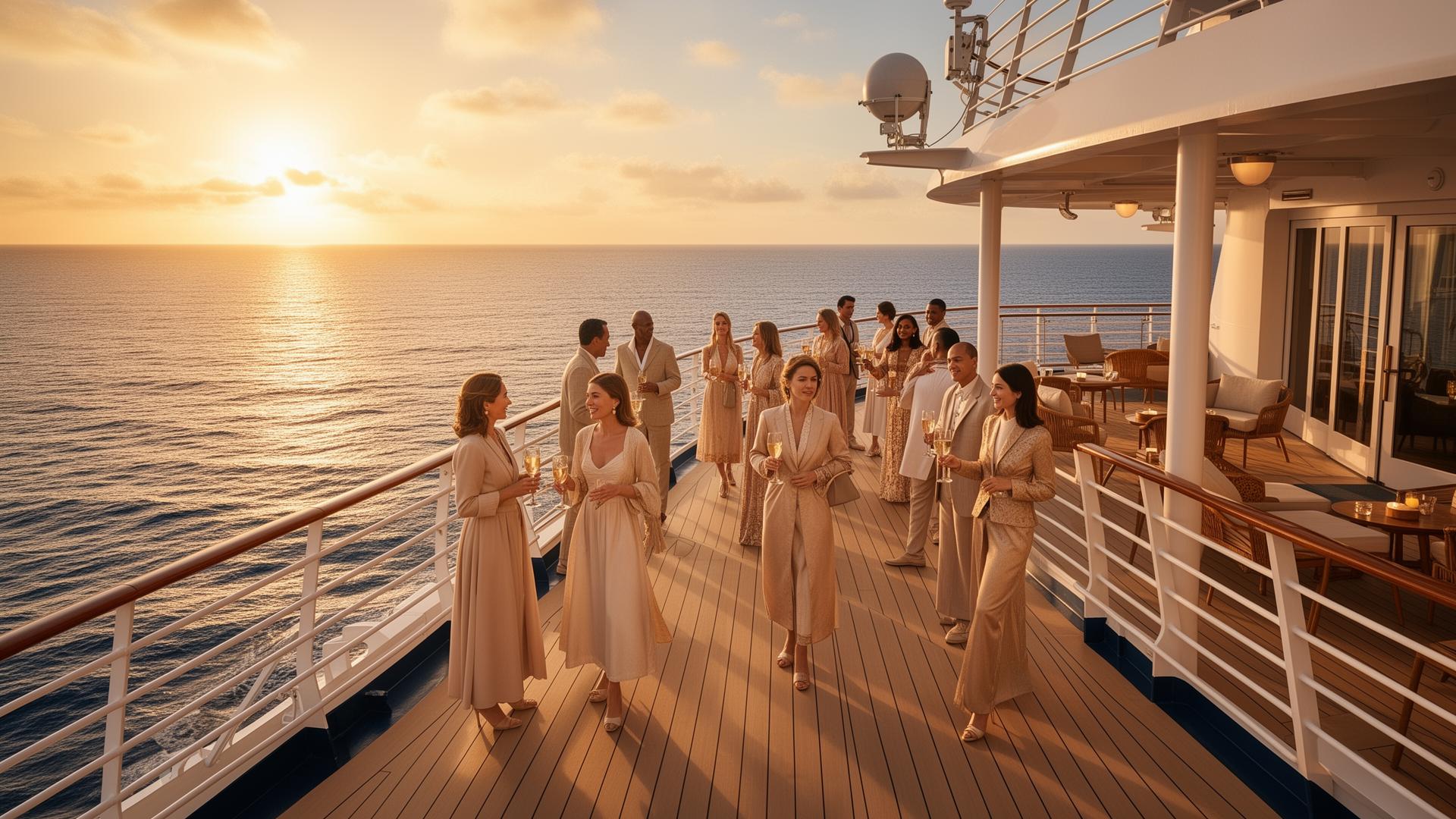 Elegant group of travelers enjoying a sunset gathering on a luxury cruise deck
