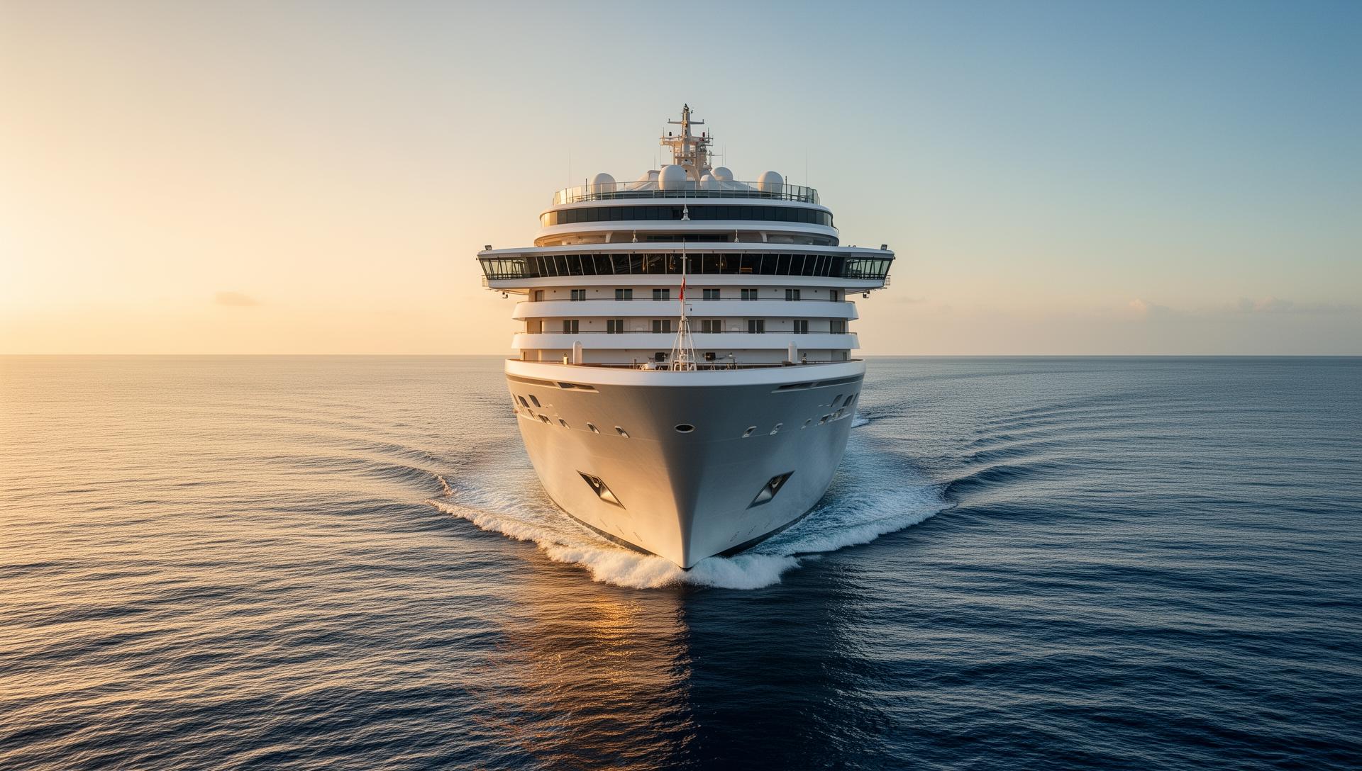 Luxury ocean cruise ship at golden hour on calm seas