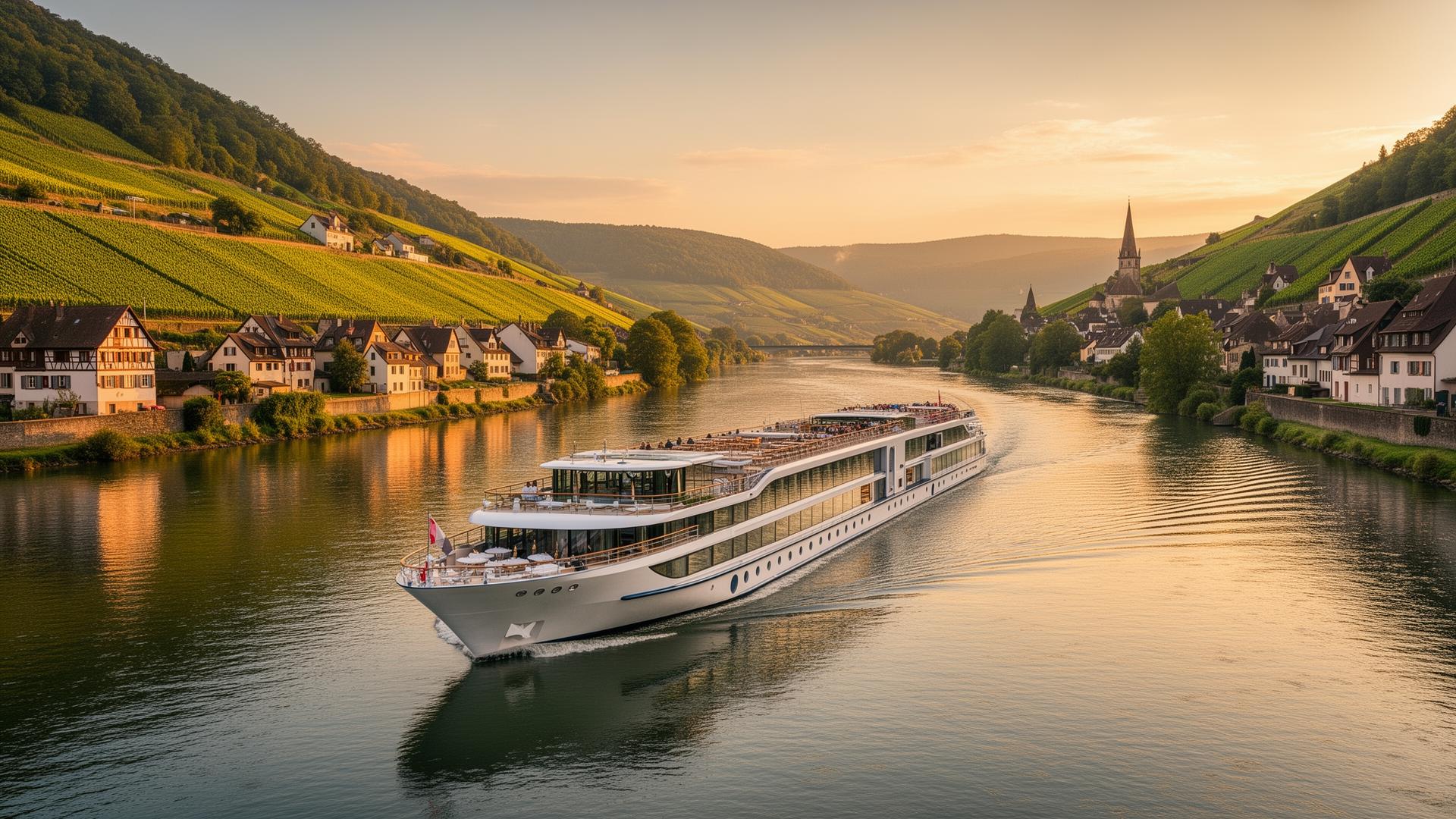 Luxury river cruise ship gliding through a European river valley at golden hour