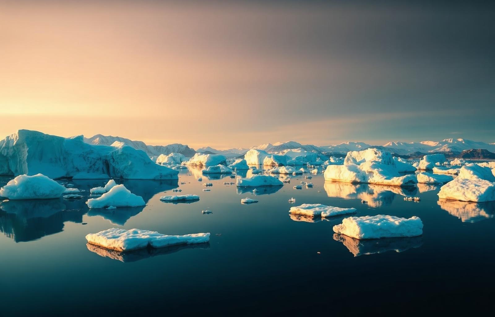 Icebergs floating in calm polar waters at golden hour